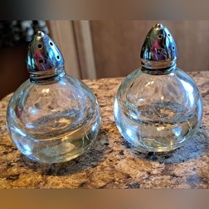 Vintage Round Crackle Glass Salt & Pepper Shakers, Sterling Silver Tops